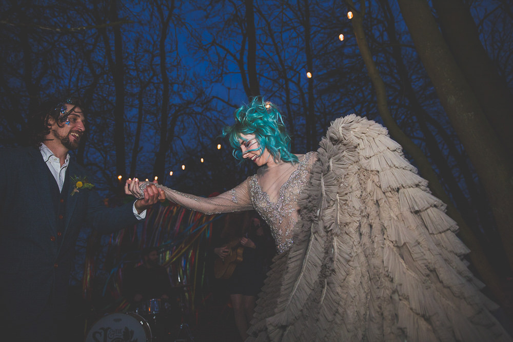 Dress Gown Bride Bridal Grey Ruffle Rainbow Alternative Woodland Wedding Ideas Nicki Shea Photography
