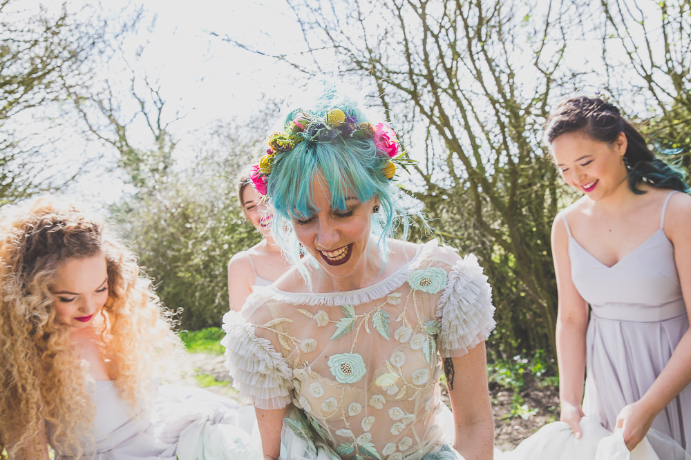 Floral Dress Gown Bride Bridal Embroidered Sheer Blue Flower Crown Rainbow Alternative Woodland Wedding Ideas Nicki Shea Photography