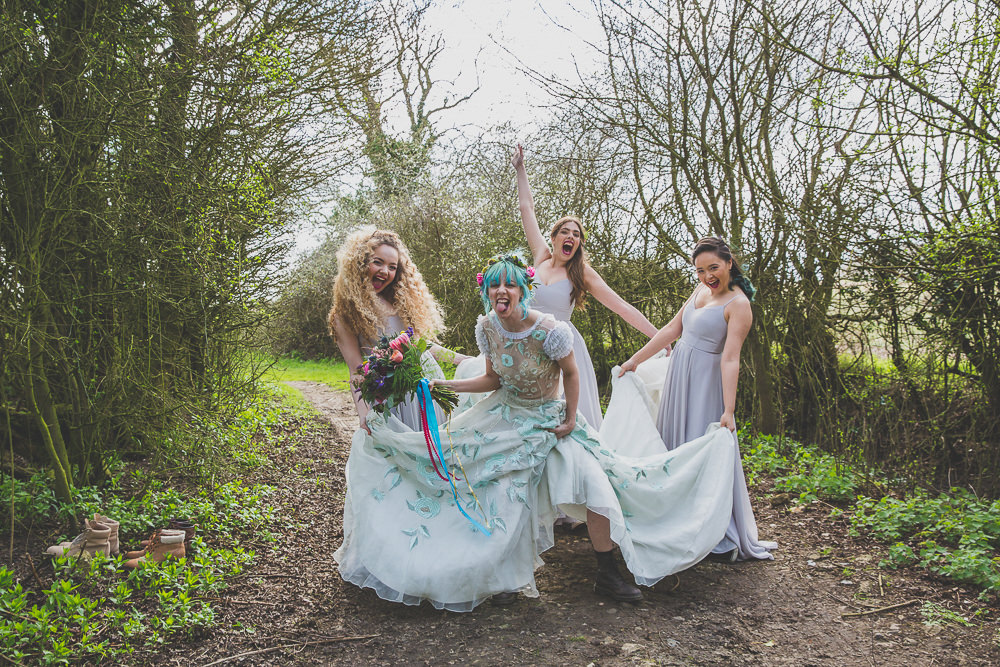 Floral Dress Gown Bride Bridal Embroidered Sheer Blue Rainbow Alternative Woodland Wedding Ideas Nicki Shea Photography