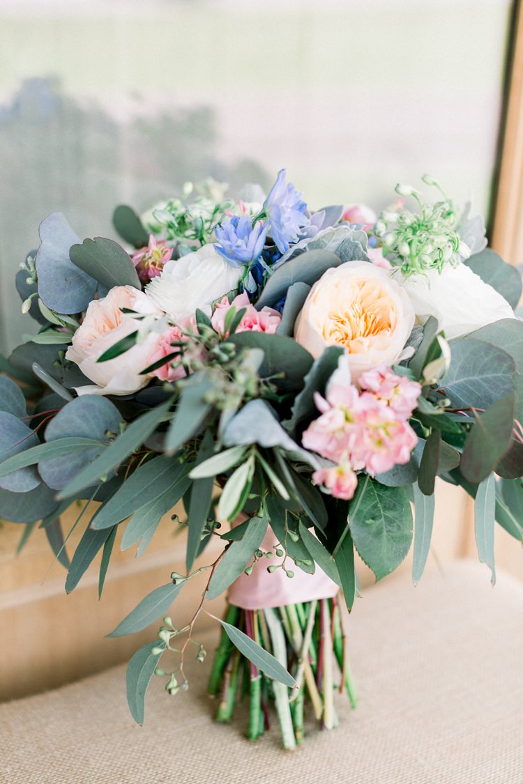 Flowers Bouquet Bride Bridal Pink Blue David Austin Rose Peach Greenery Romantic Spring Pastel Farm Wedding Ashley Spangler Photography
