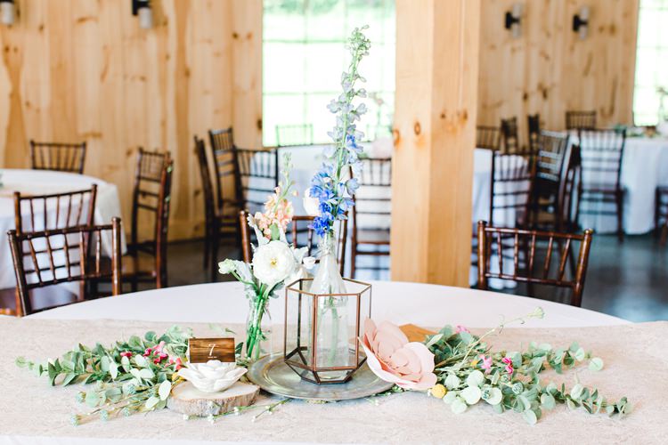 Terrarium Centrepiece Flowers Tall Pink Blue Blush Rose Romantic Spring Pastel Farm Wedding Ashley Spangler Photography