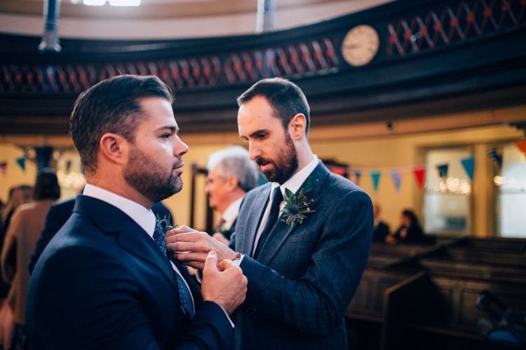 Groom Reiss Blue Tweed Buttonhole Round Chapel London Wedding Nikki van der Molen Photography