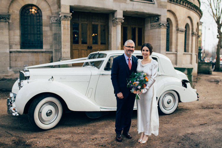 Bride Bridal Dress Gown Vintage Silk 1940s Reiss Father Car Transport Round Chapel London Wedding Nikki van der Molen Photography