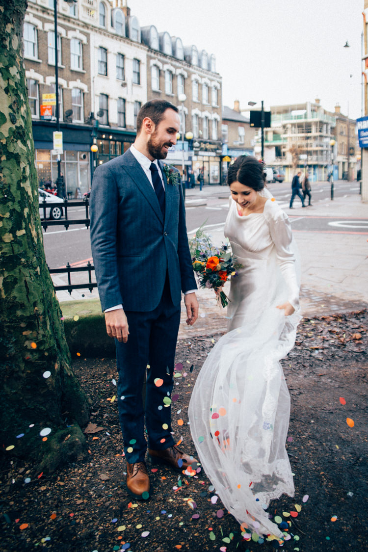 Bride Bridal Dress Gown Vintage Silk 1940s Reiss Groom Blue Multicoloured Bouquet Colourful Round Chapel London Wedding Nikki van der Molen Photography