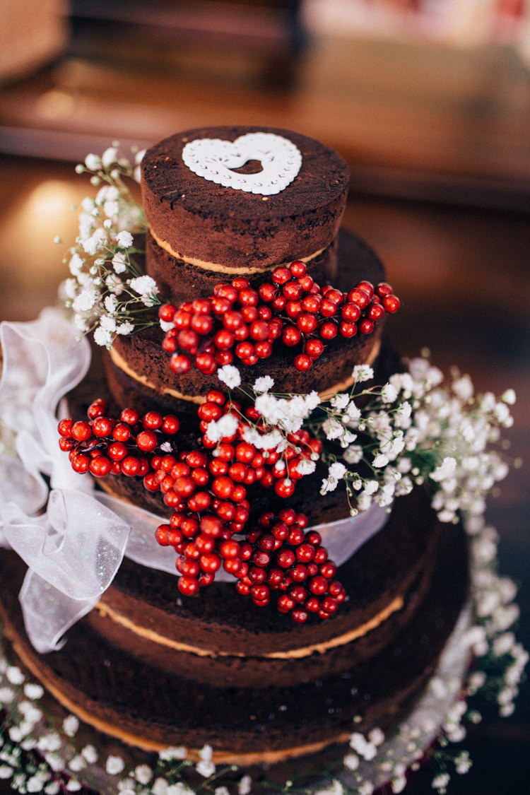 Naked Chocolate Cake Berries Gypsophila Round Chapel London Wedding Nikki van der Molen Photography