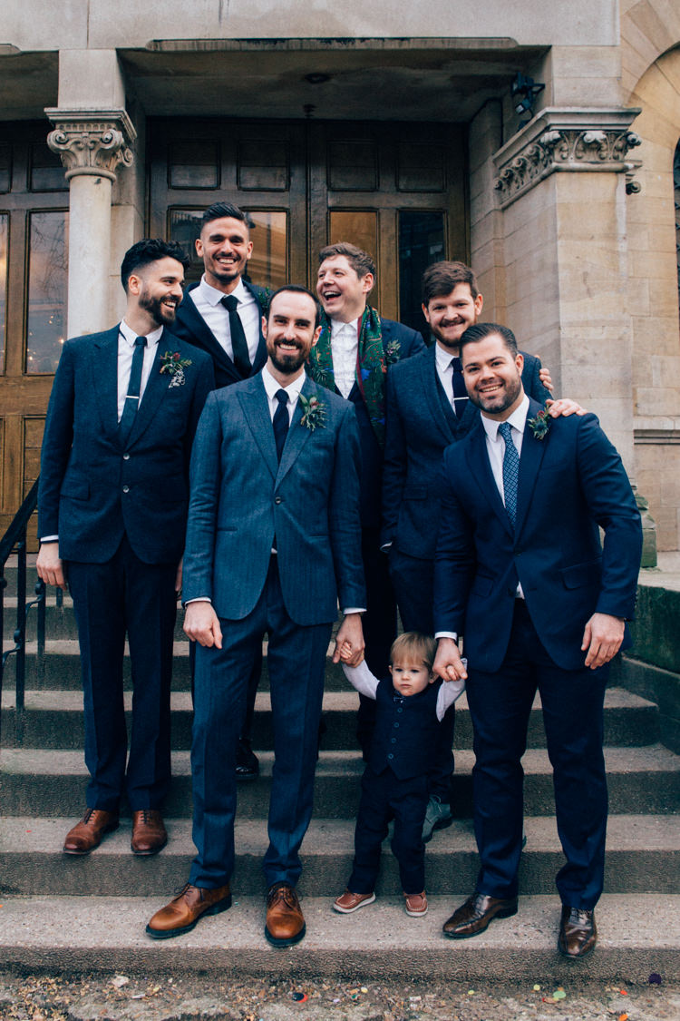 Groom Groomsmen Blue Tweed Suit Reiss Round Chapel London Wedding Nikki van der Molen Photography