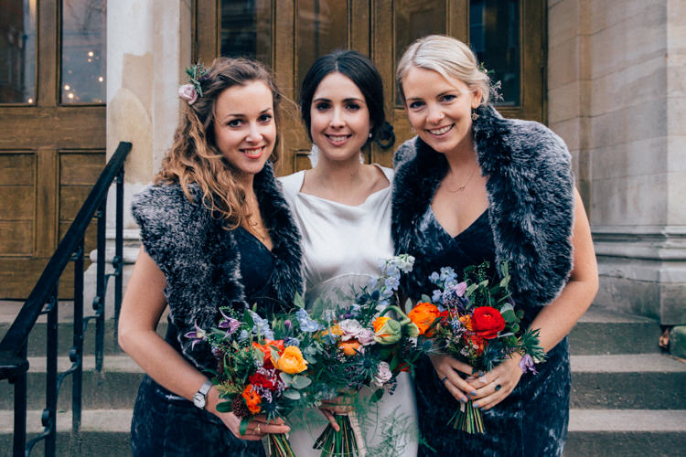 Bride Bridal Dress Gown Vintage Silk 1940s Bridesmaids Grey Faux Fur Shawl Multicoloured Bouquet Colourful Round Chapel London Wedding Nikki van der Molen Photography