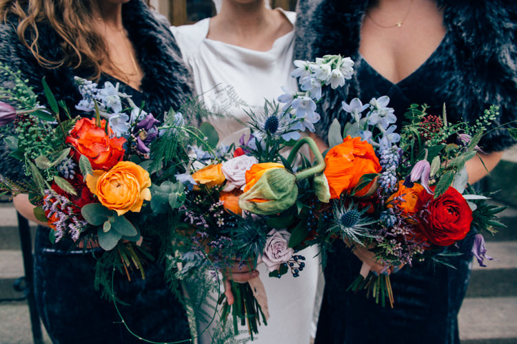Bride Bridal Bridesmaids Multicoloured Bouquet Colourful Rose Thistle Round Chapel London Wedding Nikki van der Molen Photography