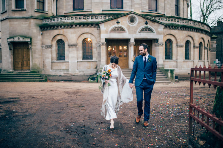 Bride Bridal Dress Gown Vintage Silk 1940s Reiss Groom Blue Velvet Shawl Multicoloured Bouquet Colourful Round Chapel London Wedding Nikki van der Molen Photography