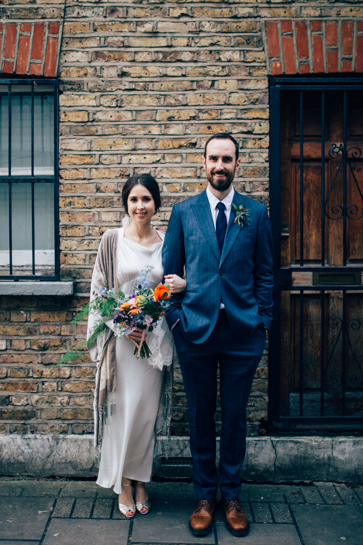 Bride Bridal Dress Gown Vintage Silk 1940s Reiss Groom Blue Velvet Grey Shawl Multicoloured Bouquet Colourful Round Chapel London Wedding Nikki van der Molen Photography