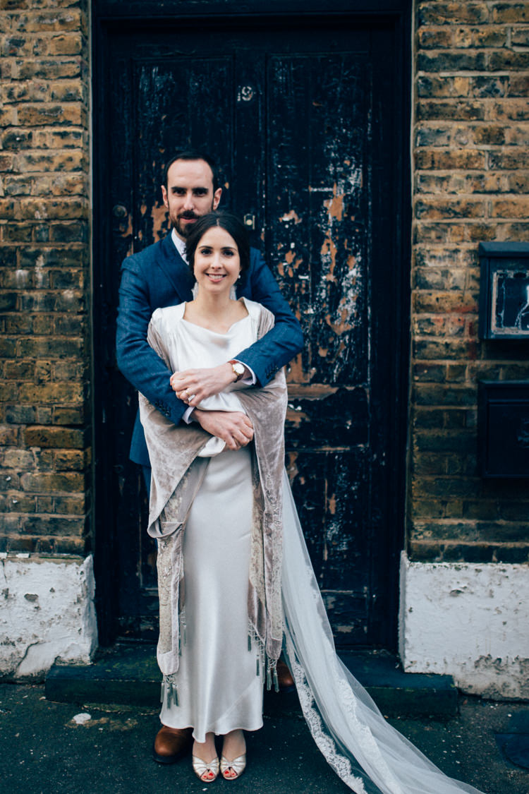 Bride Bridal Dress Gown Vintage Silk 1940s Reiss Groom Blue Grey Velvet Shawl Round Chapel London Wedding Nikki van der Molen Photography