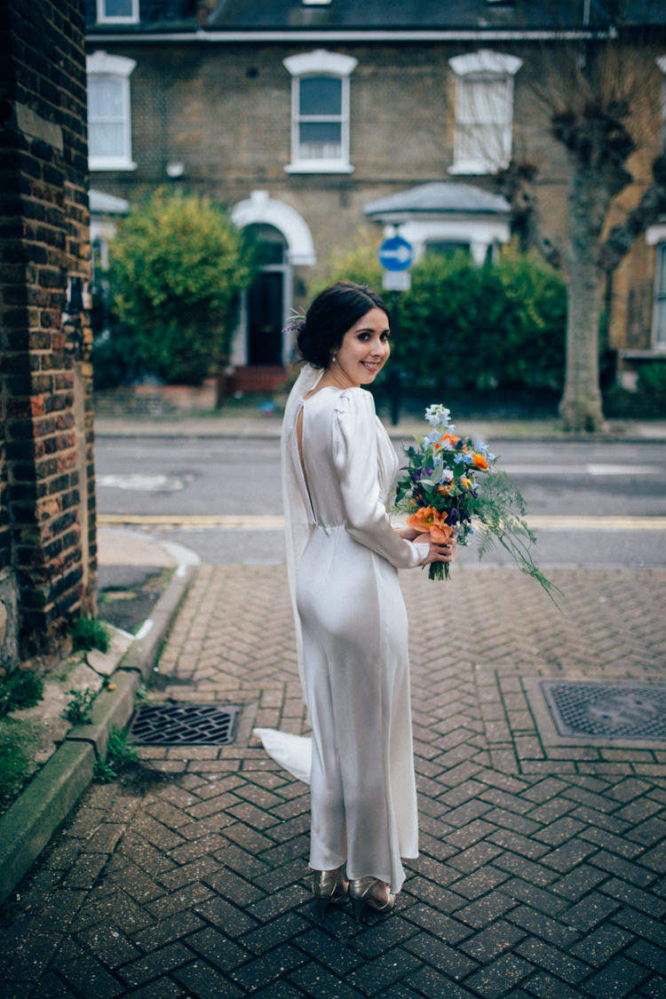 Bride Bridal Dress Gown Vintage Silk 1940s Reiss Colourful Multicoloured Bouquet Veil Round Chapel London Wedding Nikki van der Molen Photography