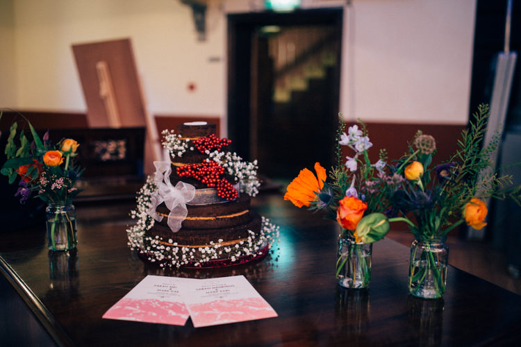 Naked Chocolate Cake Berries Gypsophila Multicoloured Flowers Jar Colourful Round Chapel London Wedding Nikki van der Molen Photography