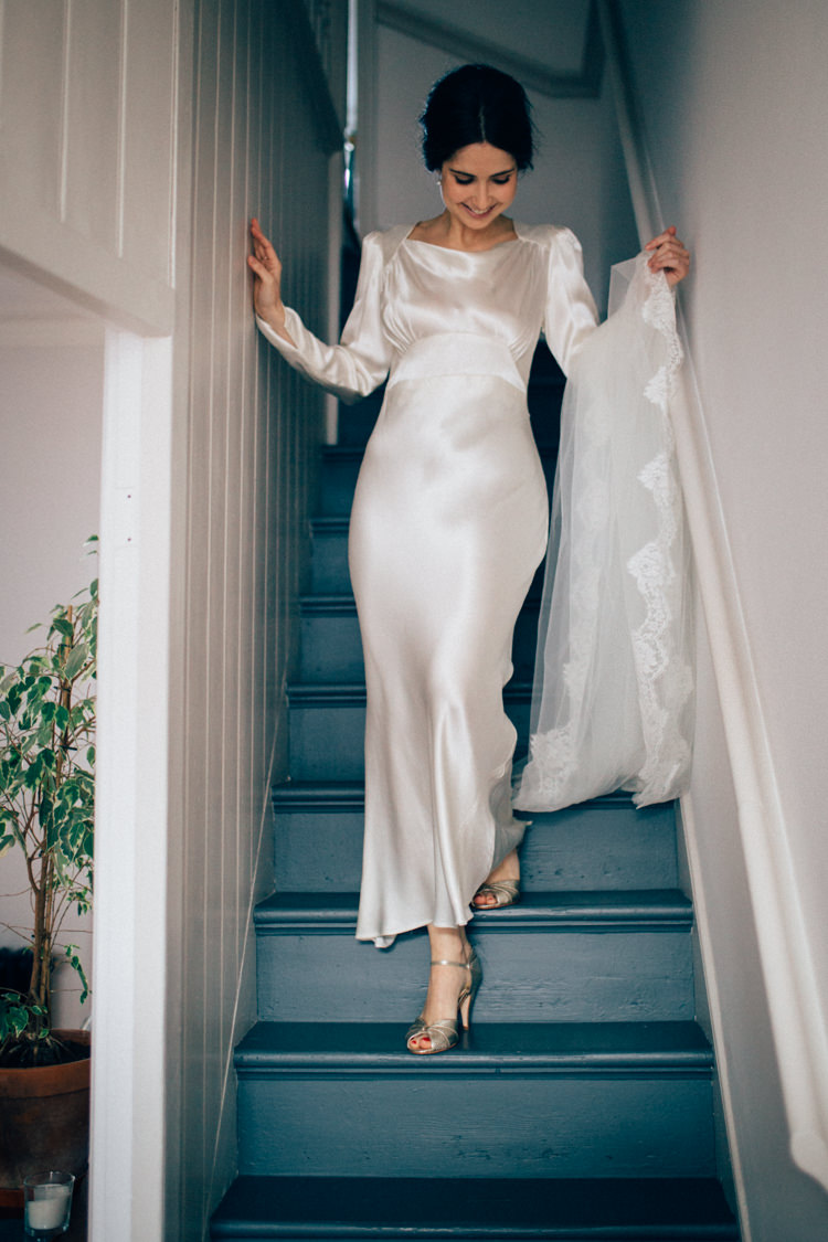 Bride Bridal Dress Gown Vintage Silk 1940s Veil Round Chapel London Wedding Nikki van der Molen Photography