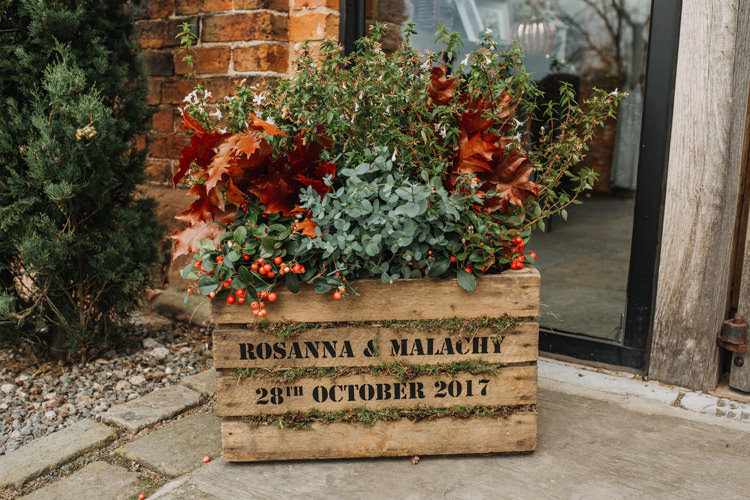 Personalised Wooden Crate Date Autumn Foliage Leaves Shustoke Farm Barns Wedding Ellie Grace Photography