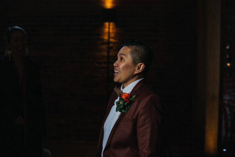 Bride Bridal Burgundy Suit Bow Tie Autumn Shustoke Farm Barns Wedding Ellie Grace Photography