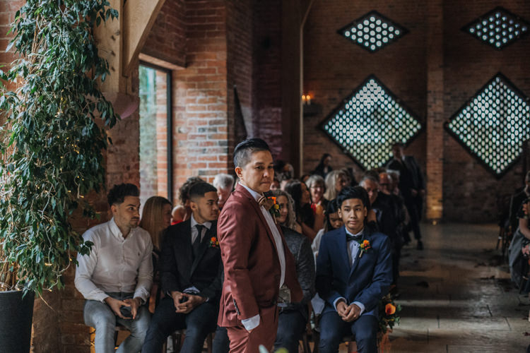 Bride Bridal Burgundy Suit Bow Tie Autumn Shustoke Farm Barns Wedding Ellie Grace Photography