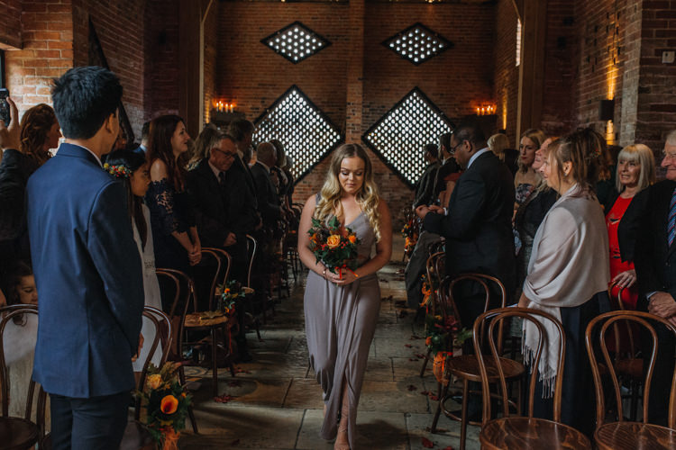 Bridesmaid Grey Dress Colourful Autumnal Multicoloured Bouquet Shustoke Farm Barns Wedding Ellie Grace Photography