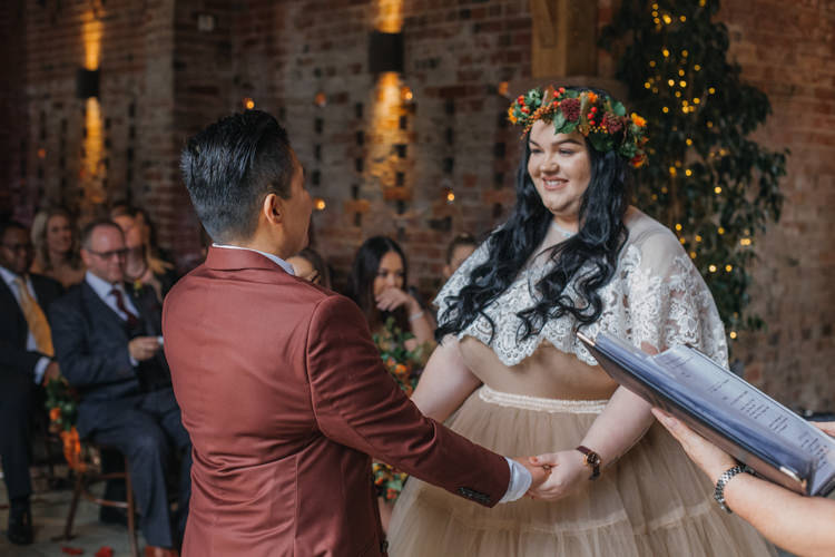Bride Bridal Separates Lace Shawl Tulle Skirt Burgundy Suit Bow Tie Autumn Shustoke Farm Barns Wedding Ellie Grace Photography