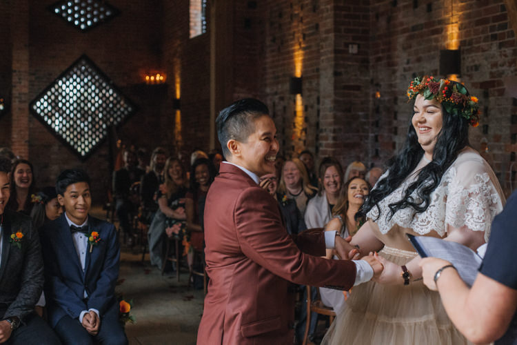 Bride Bridal Separates Lace Shawl Tulle Skirt Burgundy Suit Bow Tie Autumn Shustoke Farm Barns Wedding Ellie Grace Photography
