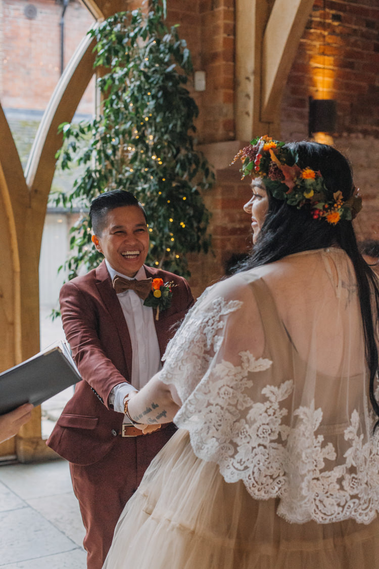 Bride Bridal Separates Lace Shawl Tulle Skirt Burgundy Suit Bow Tie Autumn Flower Crown Red Orange Shustoke Farm Barns Wedding Ellie Grace Photography
