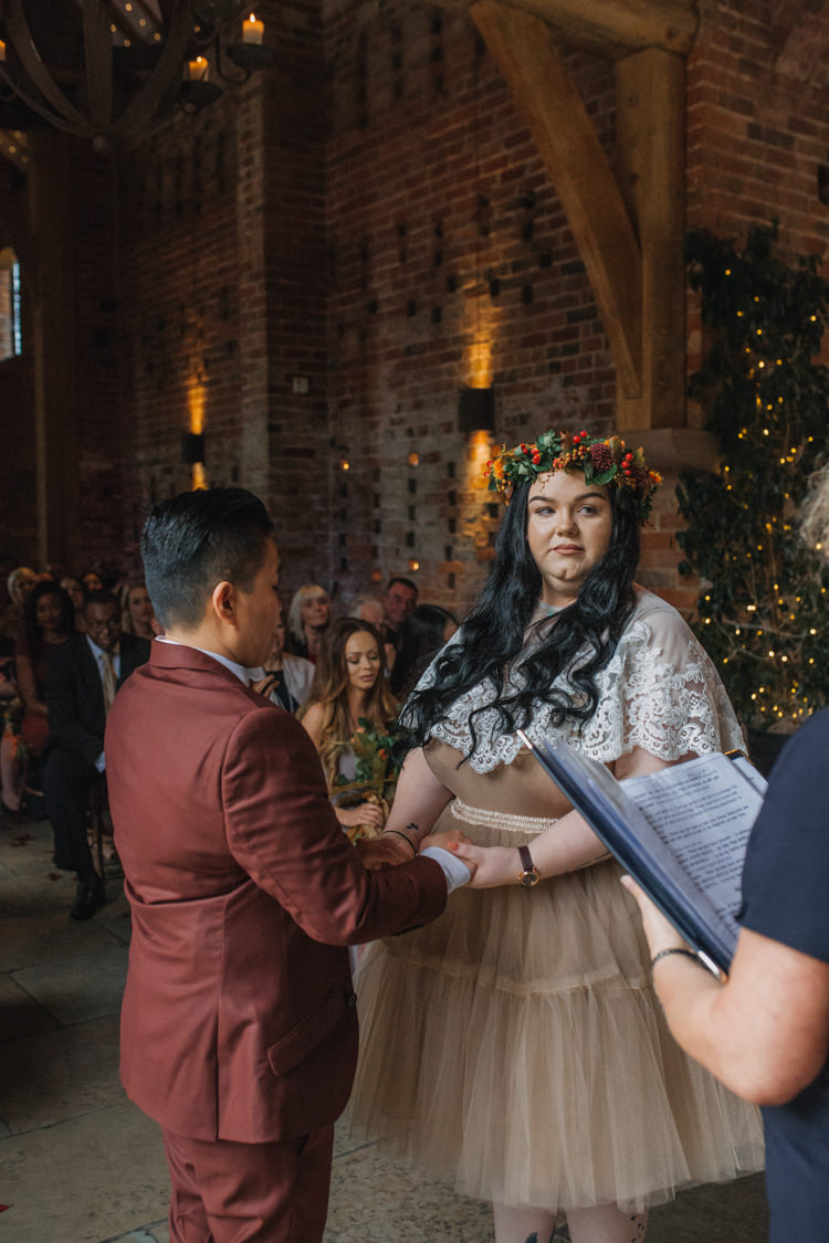 Bride Bridal Separates Lace Shawl Tulle Skirt Burgundy Suit Bow Tie Autumn Flower Crown Red Orange Shustoke Farm Barns Wedding Ellie Grace Photography
