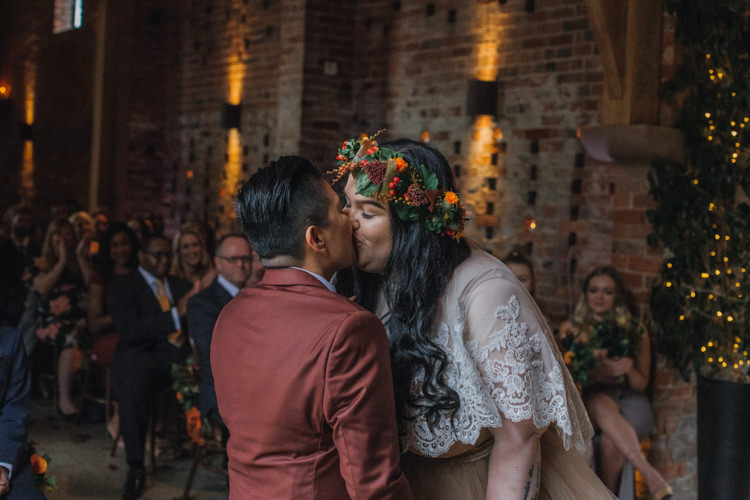 Bride Bridal Separates Lace Shawl Tulle Skirt Burgundy Suit Bow Tie Autumn Flower Crown Red Orange Shustoke Farm Barns Wedding Ellie Grace Photography