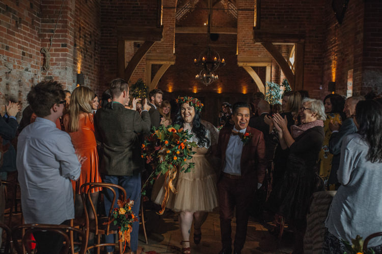 Bride Bridal Separates Lace Shawl Tulle Skirt Burgundy Suit Bow Tie Autumn Flower Crown Red Orange Shustoke Farm Barns Wedding Ellie Grace Photography