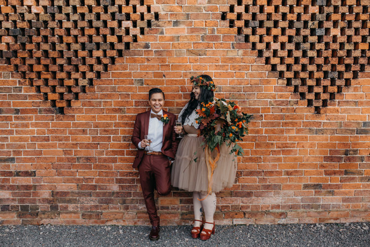 Bride Bridal Separates Lace Shawl Tulle Skirt Burgundy Suit Bow Tie Autumn Flower Crown Red Orange Shustoke Farm Barns Wedding Ellie Grace Photography
