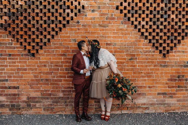Bride Bridal Separates Lace Shawl Tulle Skirt Burgundy Suit Bow Tie Autumn Flower Crown Red Orange Shustoke Farm Barns Wedding Ellie Grace Photography