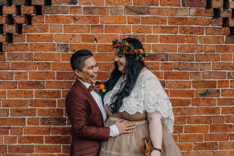 Bride Bridal Separates Lace Shawl Tulle Skirt Burgundy Suit Bow Tie Autumn Flower Crown Red Orange Shustoke Farm Barns Wedding Ellie Grace Photography
