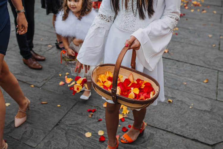 Flower Girls Red Orange Petals White Dresses Shustoke Farm Barns Wedding Ellie Grace Photography