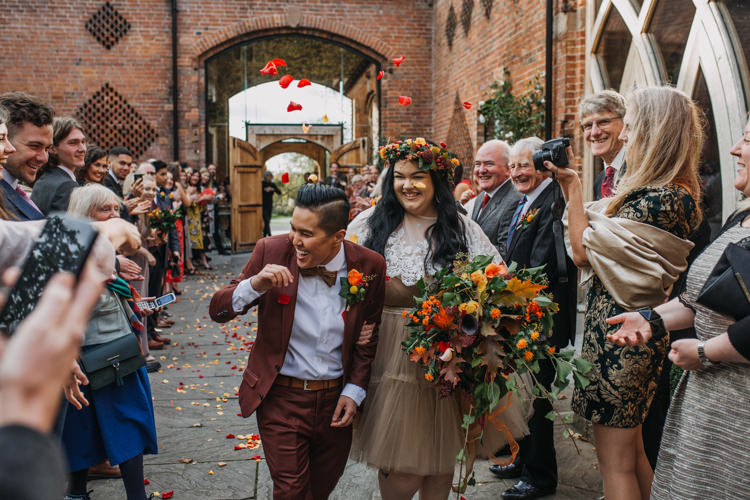 Bride Bridal Separates Lace Shawl Tulle Skirt Burgundy Suit Bow Tie Autumn Flower Crown Red Orange Confetti Shustoke Farm Barns Wedding Ellie Grace Photography