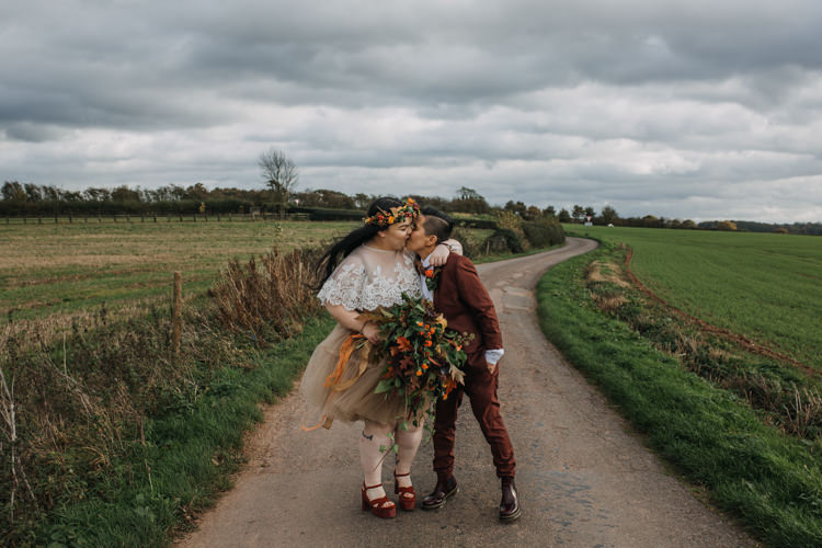 Bride Bridal Separates Lace Shawl Tulle Skirt Burgundy Suit Bow Tie Autumn Flower Crown Red Orange Dr Martens Shustoke Farm Barns Wedding Ellie Grace Photography
