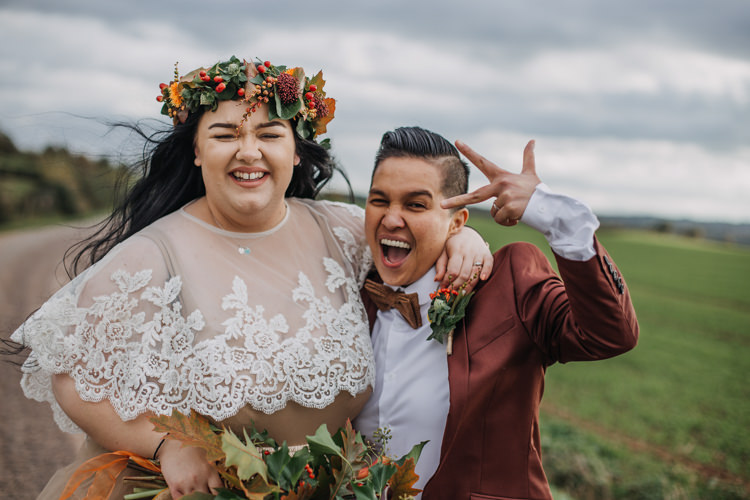 Bride Bridal Separates Lace Shawl Tulle Skirt Burgundy Suit Bow Tie Autumn Flower Crown Red Orange Shustoke Farm Barns Wedding Ellie Grace Photography
