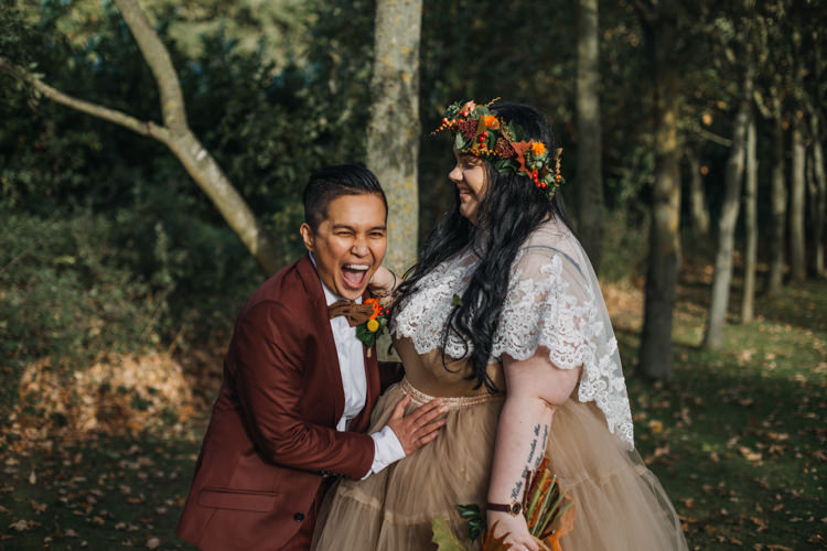 Bride Bridal Separates Lace Shawl Tulle Skirt Burgundy Suit Bow Tie Autumn Flower Crown Red Orange Shustoke Farm Barns Wedding Ellie Grace Photography