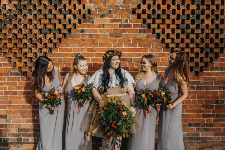Bride Bridal Separates Lace Shawl Tulle Skirt Grey Bridesmaids Autumn Flower Crown Red Orange Bouquet Shustoke Farm Barns Wedding Ellie Grace Photography