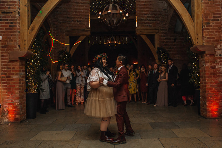 Bride Bridal Separates Lace Shawl Tulle Skirt Burgundy Suit Bow Tie Autumn Flower Crown Red Orange Dr Martens First Dance Shustoke Farm Barns Wedding Ellie Grace Photography