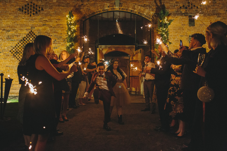 Bride Bridal Separates Lace Shawl Tulle Skirt Burgundy Suit Bow Tie Autumn Flower Crown Red Orange Sparkler Farewell Shustoke Farm Barns Wedding Ellie Grace Photography