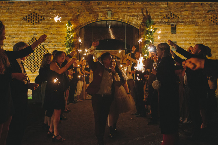 Bride Bridal Separates Lace Shawl Tulle Skirt Burgundy Suit Bow Tie Autumn Flower Crown Red Orange Sparkler Farewell Shustoke Farm Barns Wedding Ellie Grace Photography