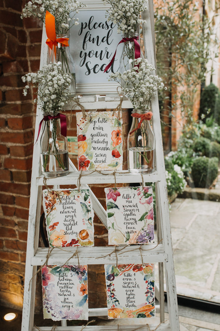 Table Plan Seating Chart Step Ladder Watercolour Flowers Floral Gypsophila Bottles Shustoke Farm Barns Wedding Ellie Grace Photography
