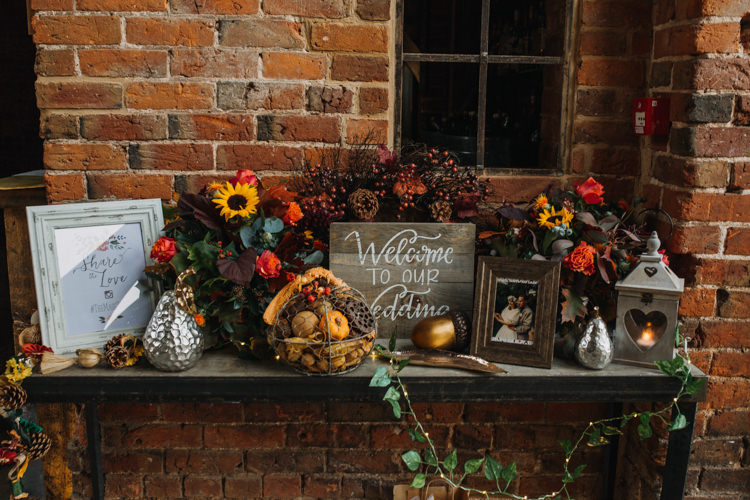 Welcome Sign Table Wooden Photographs Colourful Multicolour Flower Floral Autumn Shustoke Farm Barns Wedding Ellie Grace Photography