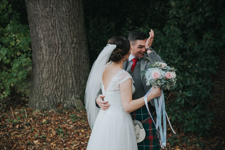 Bride Bridal Dress Gown Lace Sweetheart Neckline Short Sleeve Full Skirt Kilt Groom Tartan Waistcoat Red Green First Look Bouquet Ribbons The Byre at Inchyra Wedding Jen Owens Images