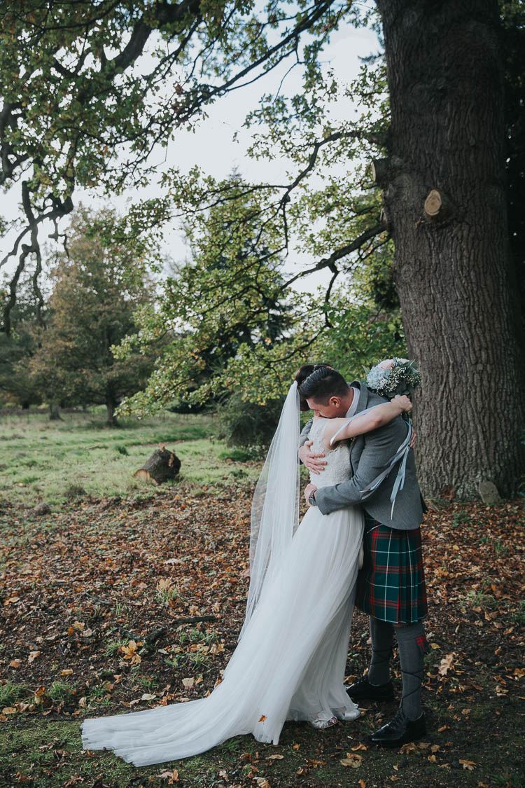 Bride Bridal Dress Gown Lace Sweetheart Neckline Short Sleeve Full Skirt Kilt Groom Tartan Waistcoat Red Green Bouquet Ribbons The Byre at Inchyra Wedding Jen Owens Images