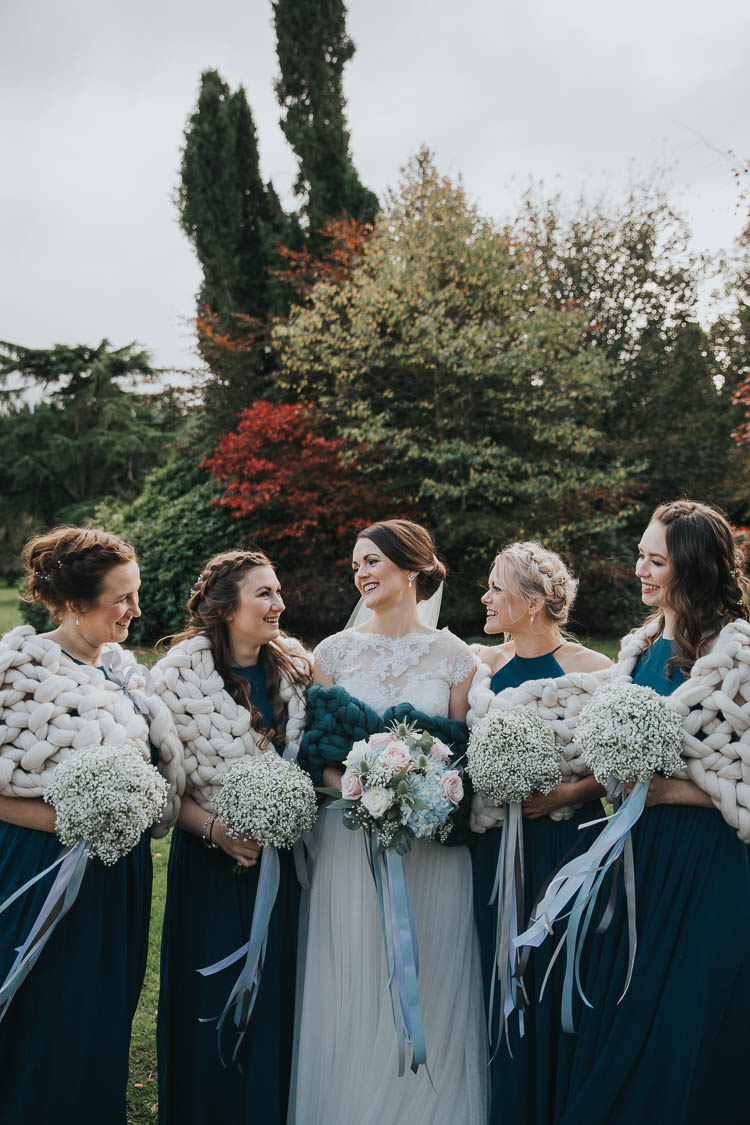 Bride Bridal Dress Gown Lace Sweetheart Neckline Short Sleeve Full Skirt Navy Bridesmaids Cable Knit Wraps Shrugs The Byre at Inchyra Wedding Jen Owens Images