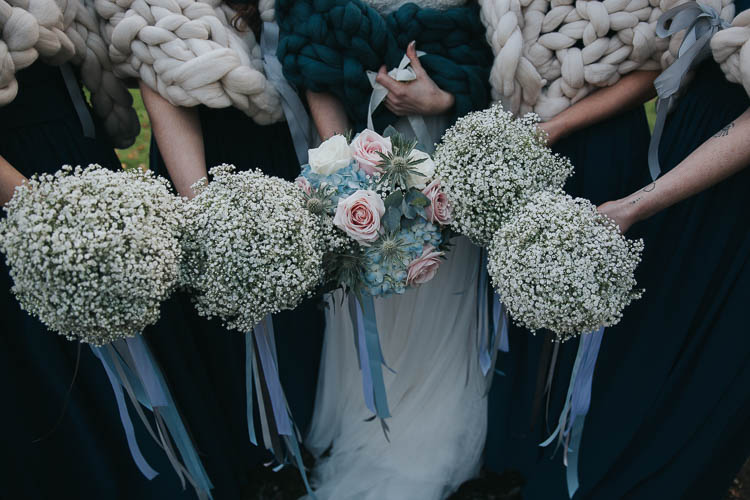 Bride Bridal Bouquet Ribbons Rose Thistle Gypsophila The Byre at Inchyra Wedding Jen Owens Images