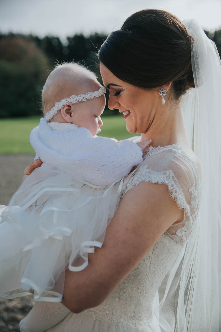 Bride Bridal Dress Gown Lace Sweetheart Neckline Short Sleeve Veil Baby Flower Girl Headband The Byre at Inchyra Wedding Jen Owens Images