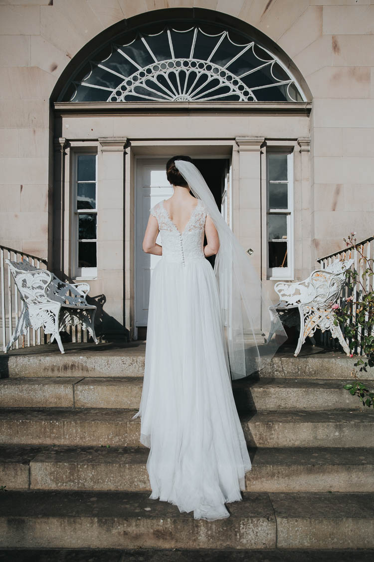 Bride Bridal Dress Gown Lace Sweetheart Neckline Short Sleeve Full Skirt Veil The Byre at Inchyra Wedding Jen Owens Images