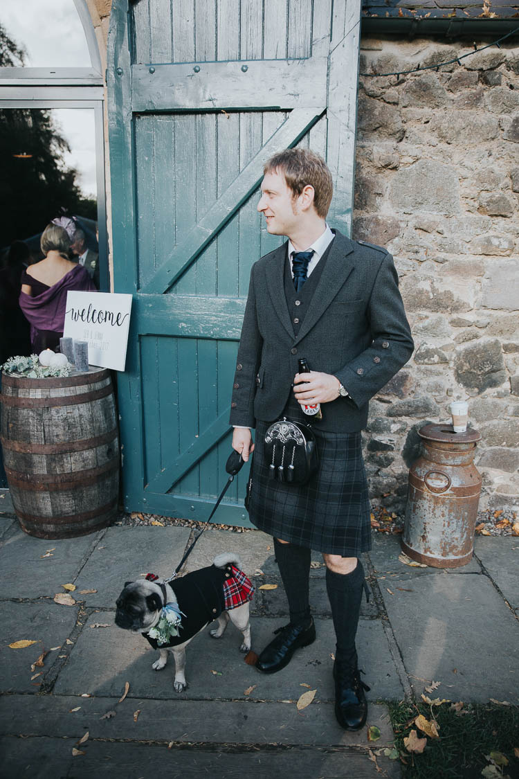 Dog Ring Bearer Pug Scottish Kilt Groom Tartan Waistcoat Red Green The Byre at Inchyra Wedding Jen Owens Images