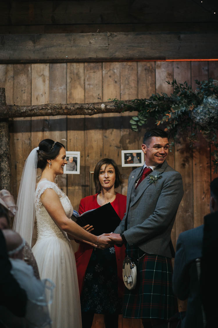 Ceremony Bride Bridal Dress Gown Lace Sweetheart Neckline Short Sleeve Full Skirt Kilt Groom Tartan Waistcoat Red Green The Byre at Inchyra Wedding Jen Owens Images